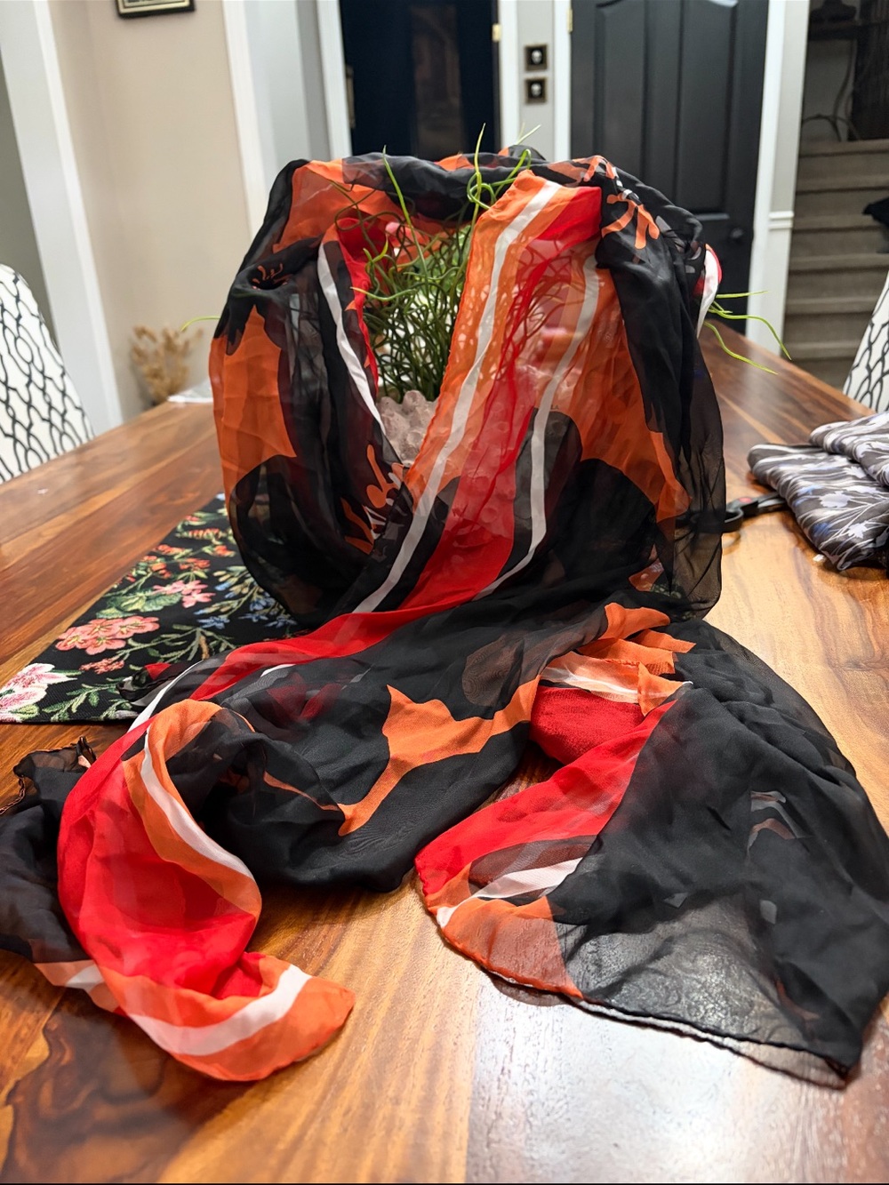 Furla Black, Red and Orange Sheer Decorative Scarf 75 x 25  🇮🇹🇮🇹🇮🇹